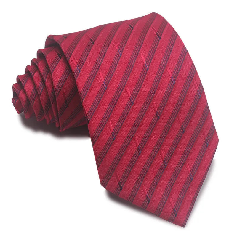 Men's striped jacquard business tie in red, showing arrow head shape and 8cm width.