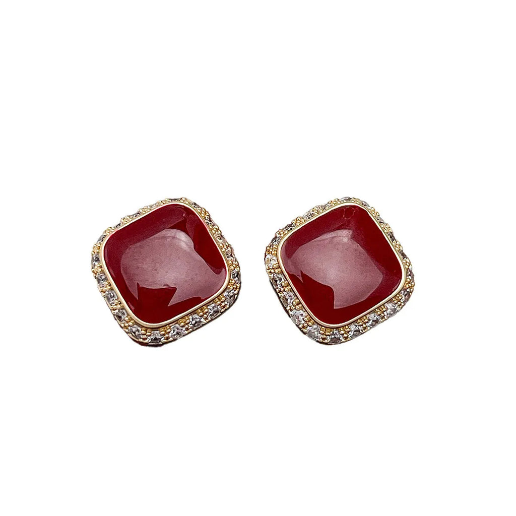 Red alloy earrings with square geometric inlaid design, retro style jewellery for women