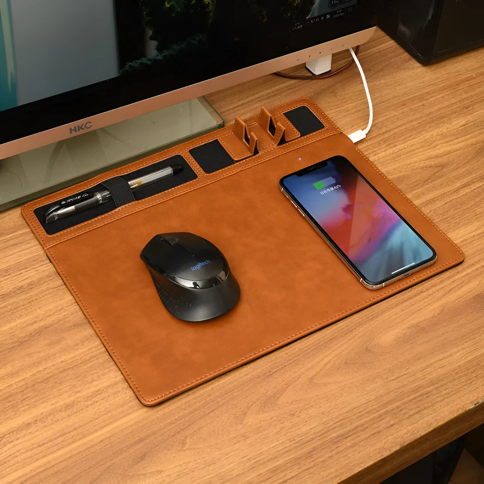 Wireless charging mouse pad with phone holder in PU leather, 320x260mm size