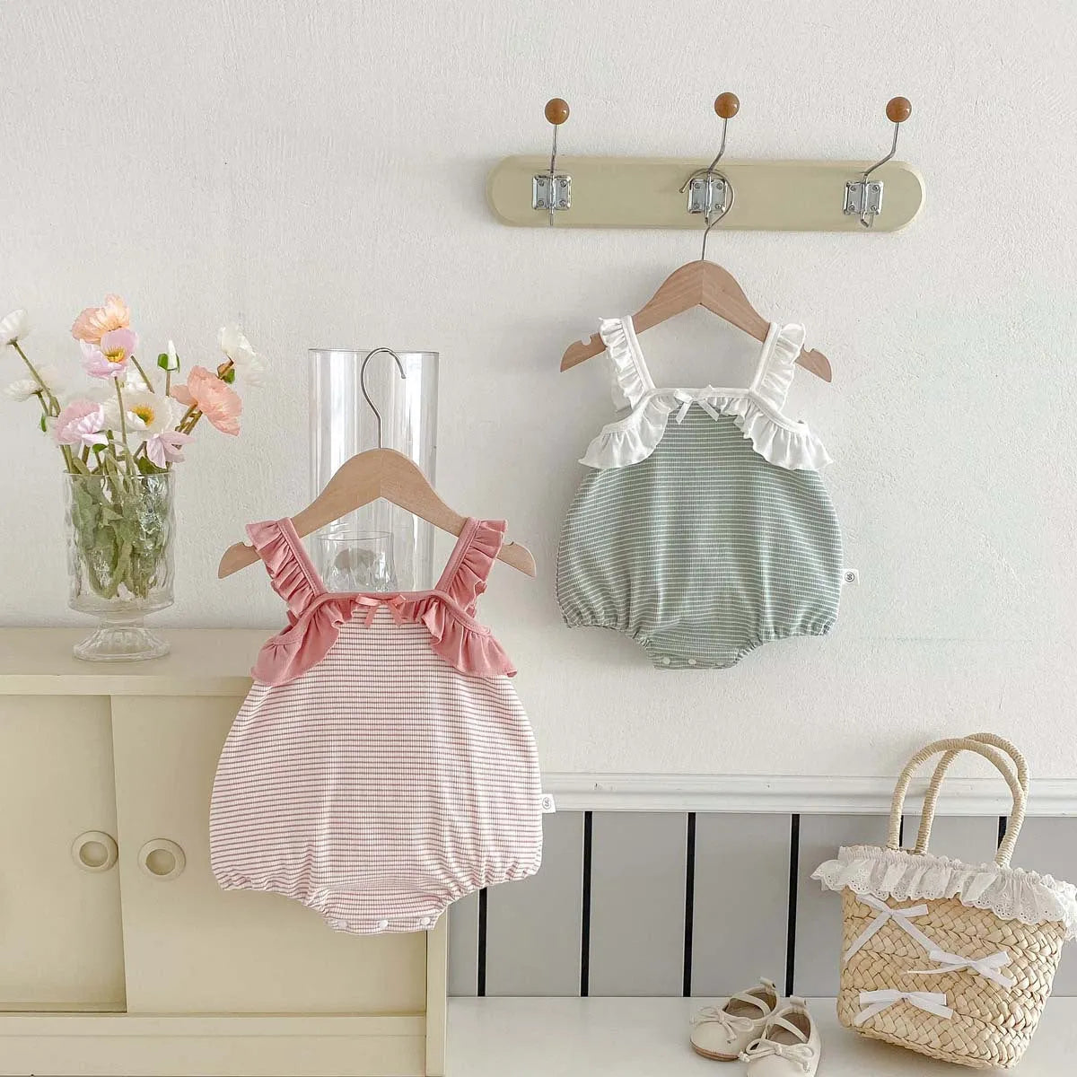 Girls summer jumpsuit in light green or pink, sleeveless cotton triangle romper with ruffle stripes, 66cm to 90cm