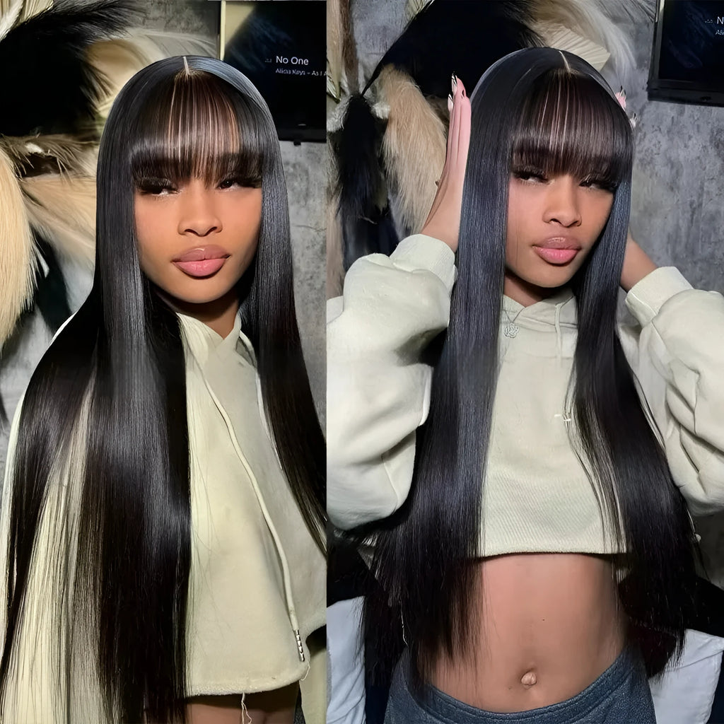 Women's natural colour human hair wig on a full-mechanism headgear, showing long length options.