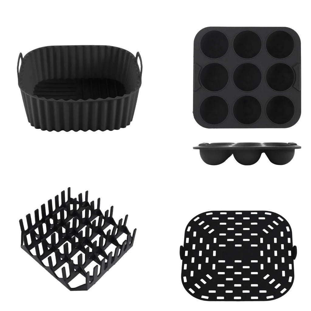 Black silicone square baking tray set for air fryer, 4 pieces on a light background