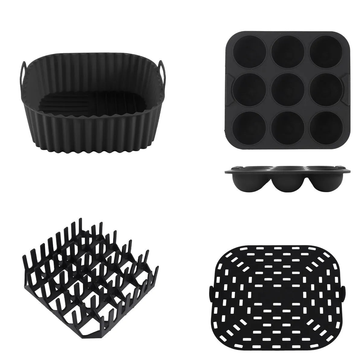 Black silicone square baking tray set for air fryer, 4 pieces on a light background