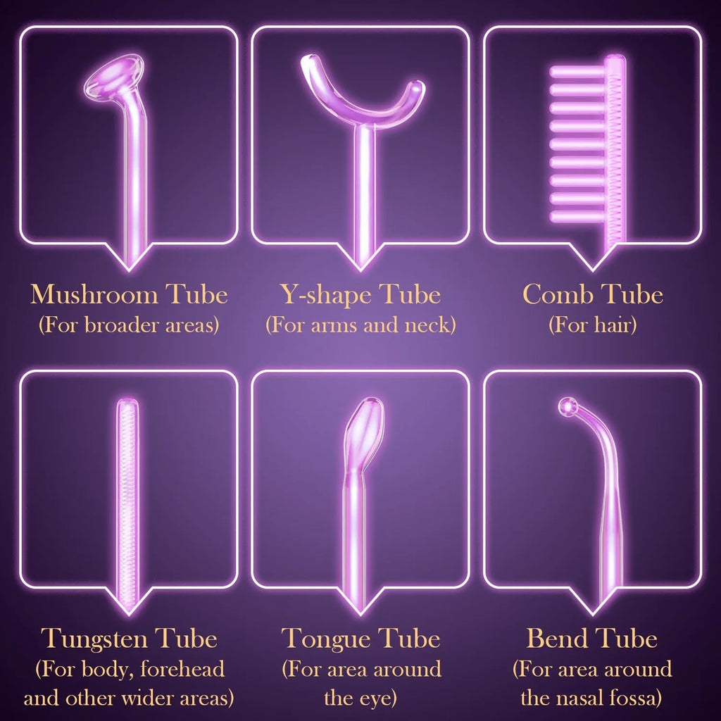 Purple high-frequency electrotherapy rod with six accessory heads for professional skin treatments