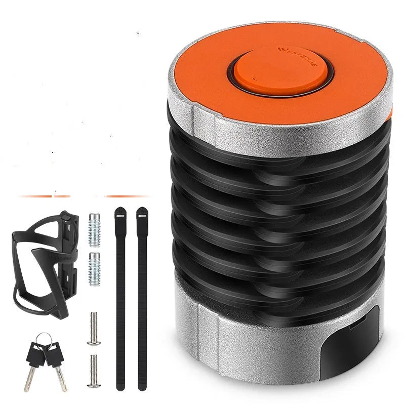 Portable bicycle folding lock showing folded and extended positions in black colour option