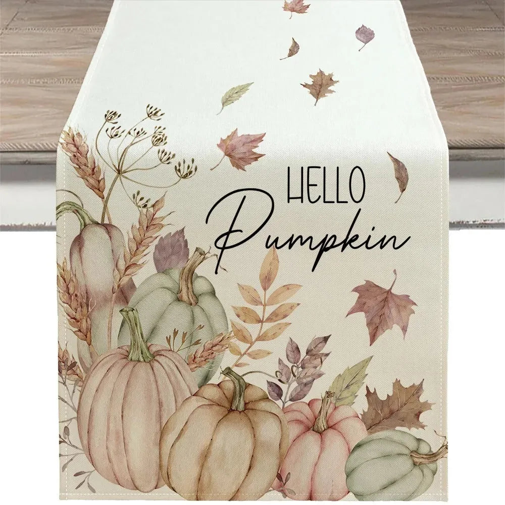 Beige polyester table runner, 33 x 183cm, with floral grass and leaf pattern for Thanksgiving table decoration
