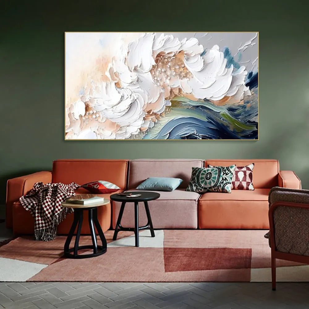 Modern abstract handmade oil painting heavy texture white waves unframed large canvas wall art