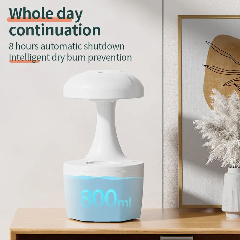 White portable 800ml USB humidifier with anti-gravity cool mist droplet effect for bedroom aromatherapy