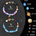 Twelve Zodiac Sign beaded bracelets with natural stone beads laid out on a table, showing adjustable cords.