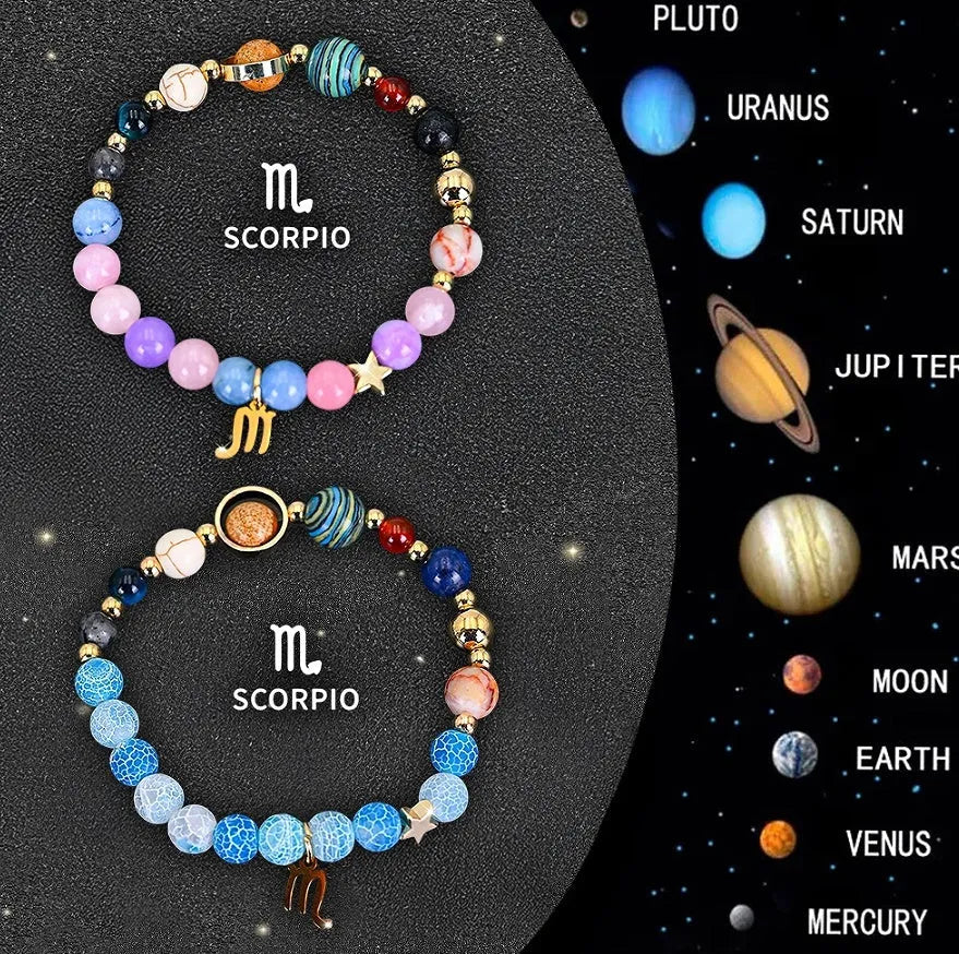Twelve Zodiac Sign beaded bracelets with natural stone beads laid out on a table, showing adjustable cords.