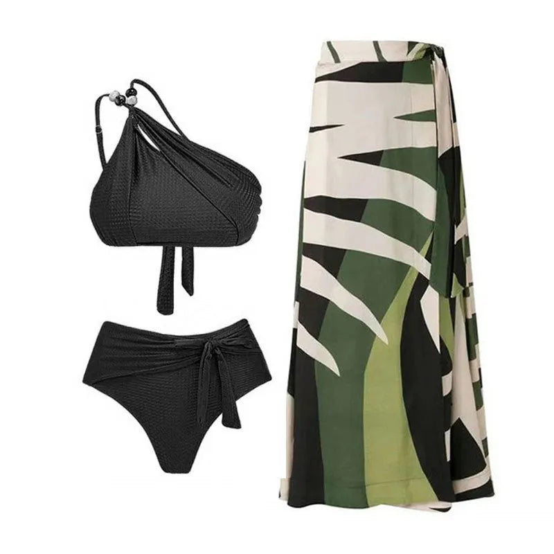Women's brown high-waist push-up bikini with matching chiffon dress swimsuit set.