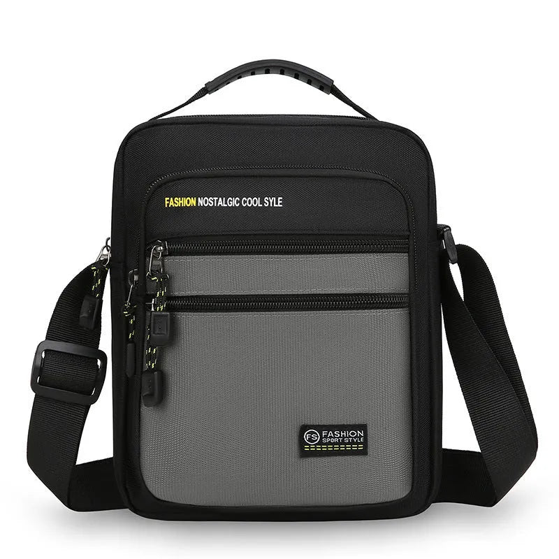 Men's nylon crossbody bag in a solid colour with a shoulder strap, showing urban simplicity style.