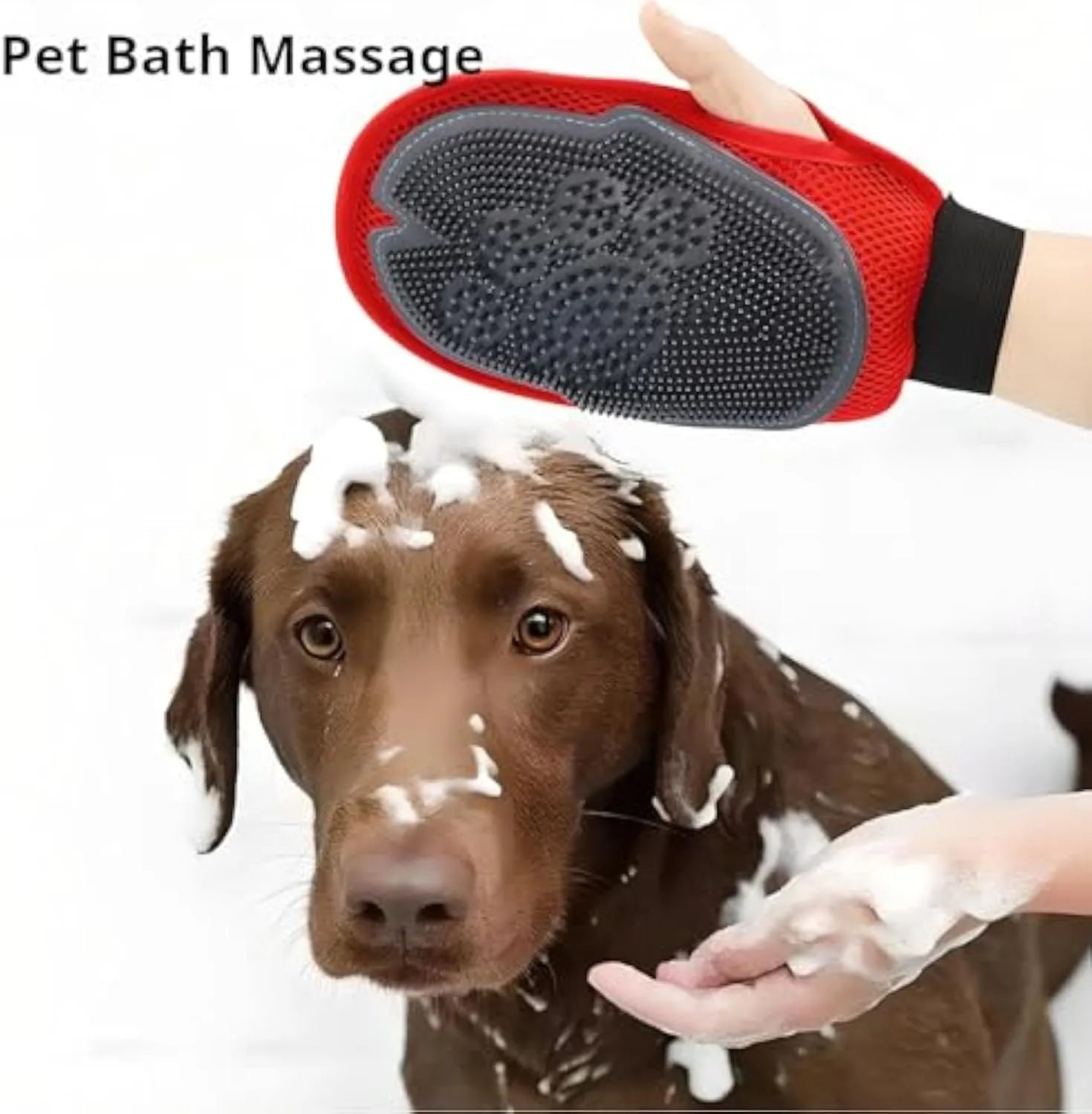 Red pet bathing glove with integrated cleaning brush measuring 26cm by 16cm