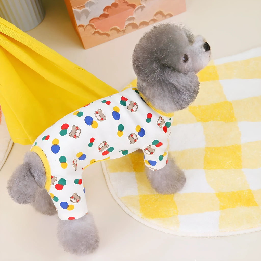 Dog pet clothes with colourful ball bear print in beige on a casual cotton-spandex pet top