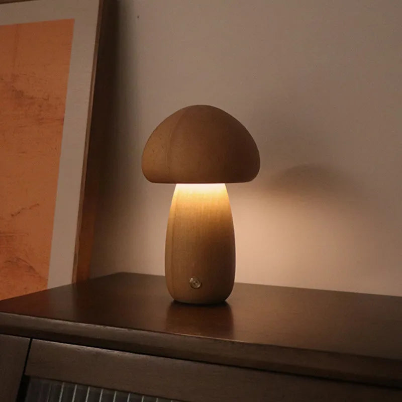 Wooden mushroom-shaped LED night light with touch switch on a bedside table, beech finish, 165 x 100 mm