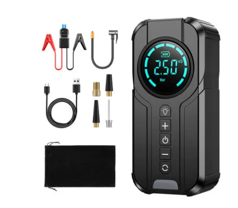 Portable black car tyre inflator with digital display, battery, and 12V power cable on a grey background.