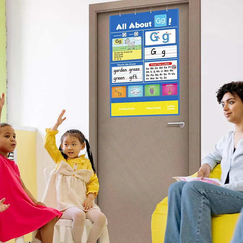 Creative Letters Learning Sleeve Table Chart with dry-erase marker, letter cards, and picture cards on a 60cm x 40cm wipe-clean surface.