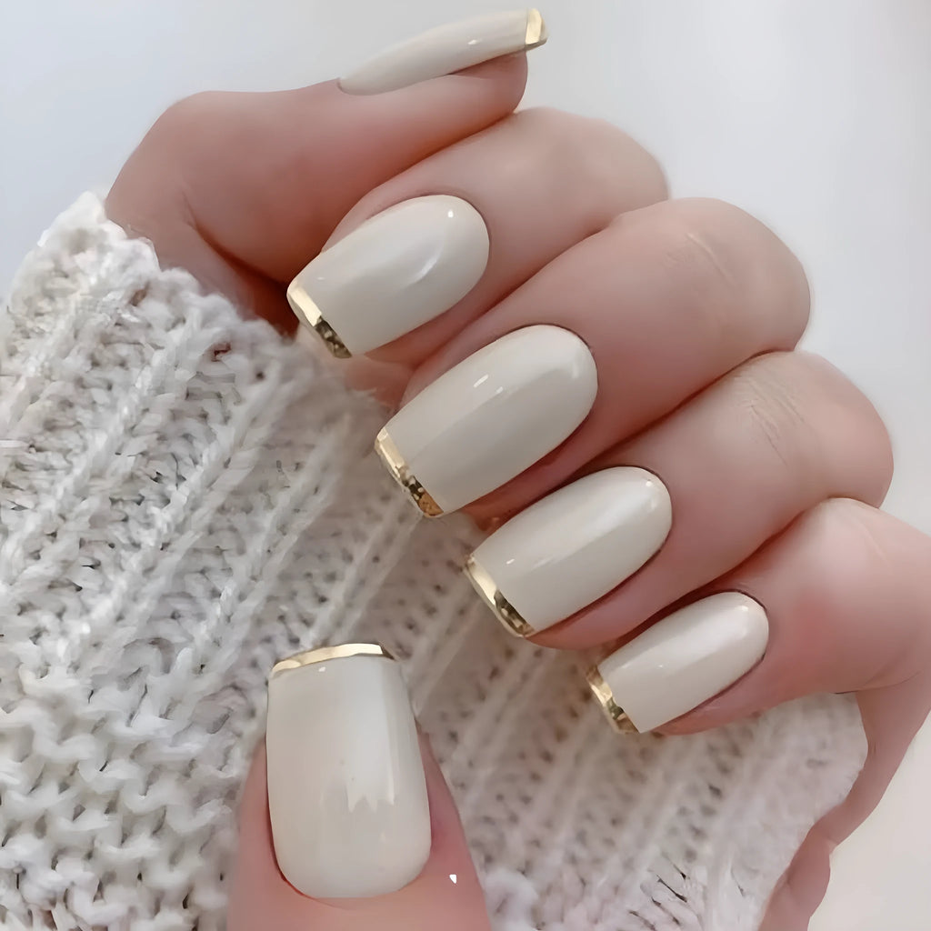 White and gold mid-length European square nail art patch set on fingers, French style manicure