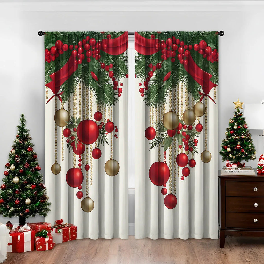Pair of 3D digital printed Christmas curtains with a festive pattern on a window.