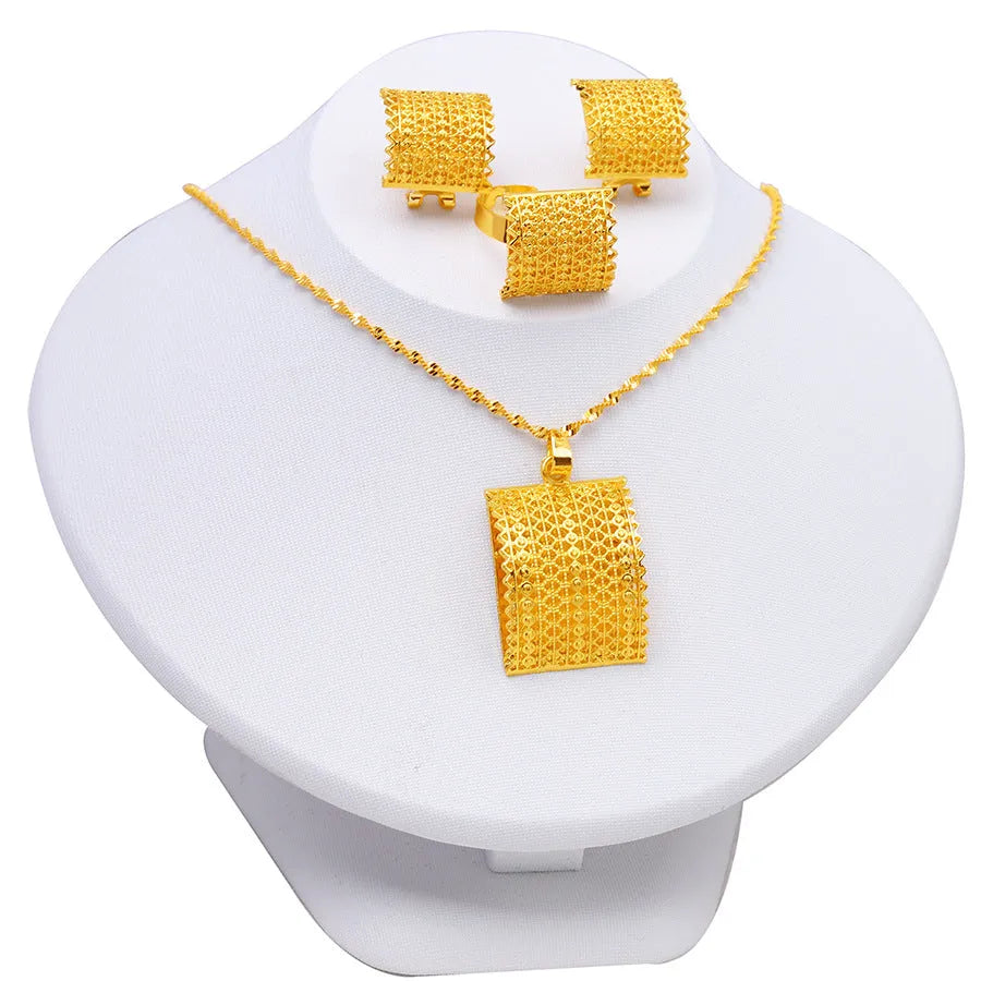 Gold-coloured bridal jewellery set with copper necklace, earrings, and ring for wedding occasions