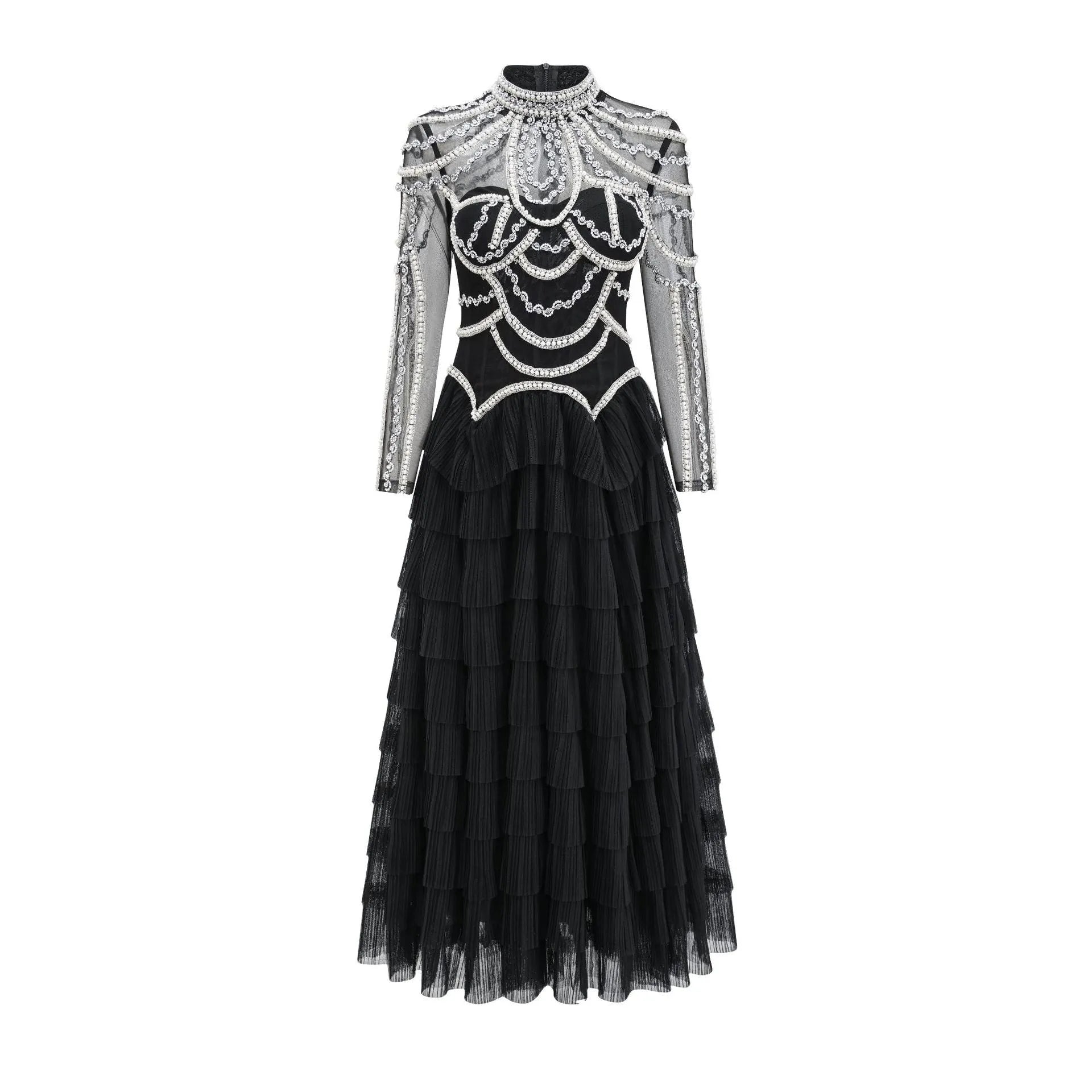 Women's long sleeve beaded dress in black or pink with three-dimensional decoration