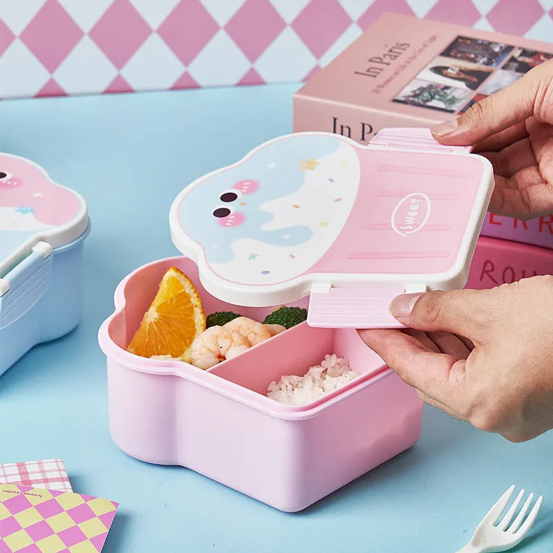 Ice cream shaped plastic lunch box with spoon and fork in pink or blue cartoon design