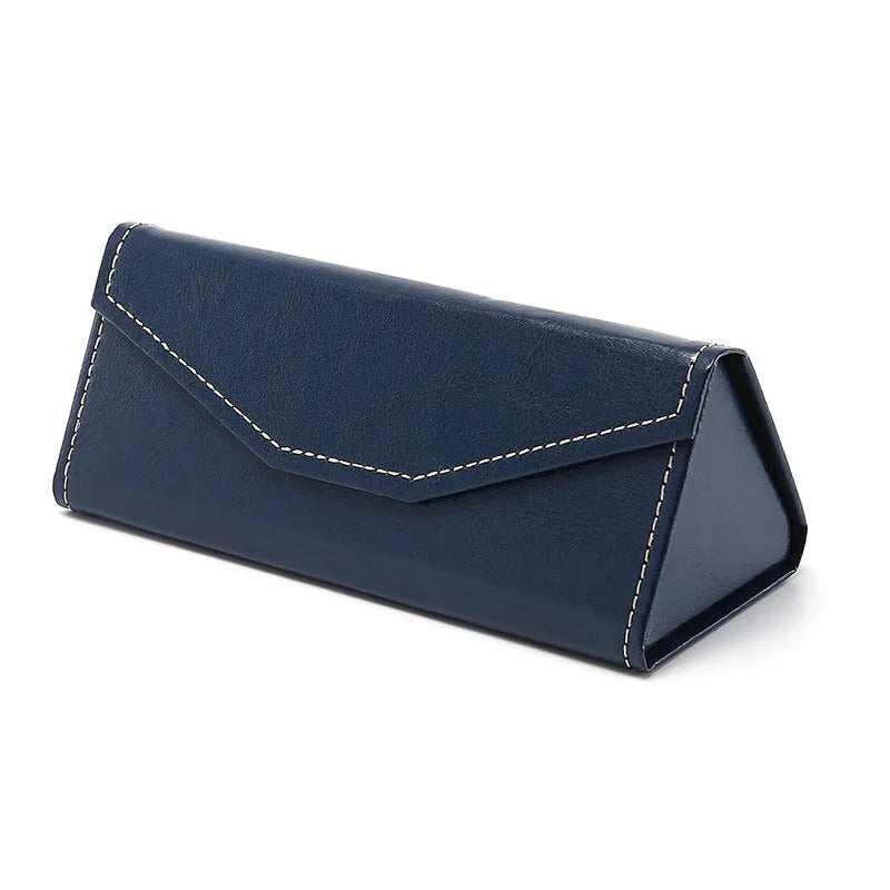 Handmade PU cowhide glasses case in black colour measuring 160x66x16mm for triangle folding frames