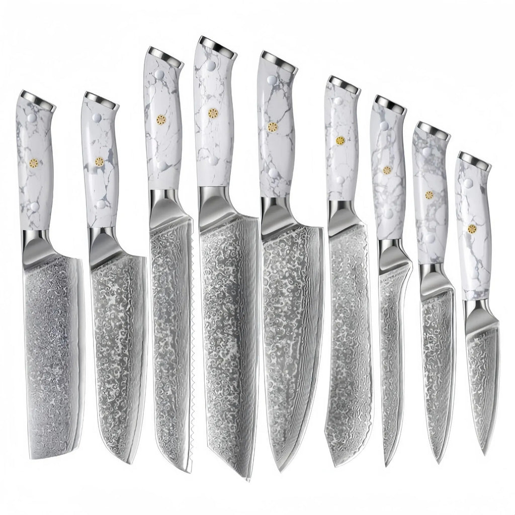 Damascus steel chef's knife with 21cm VG10 blade measuring 32cm total length