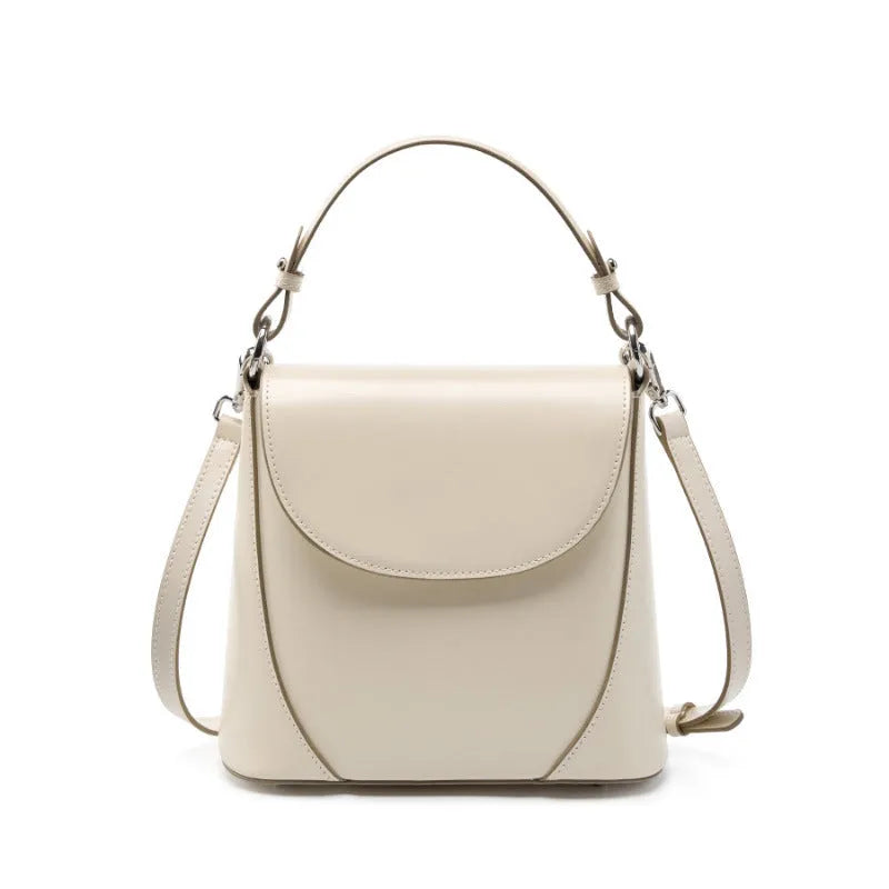 Genuine leather square shoulder bag 22x10x20 cm in beige with visible sewing thread detail and single shoulder strap