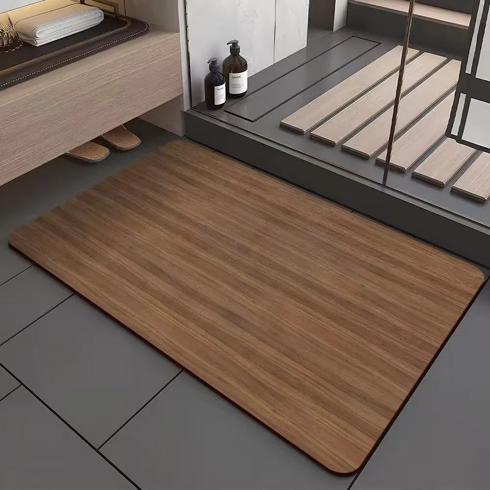 Square American wood grain pattern diatom mud bathroom floor mat on tiles.