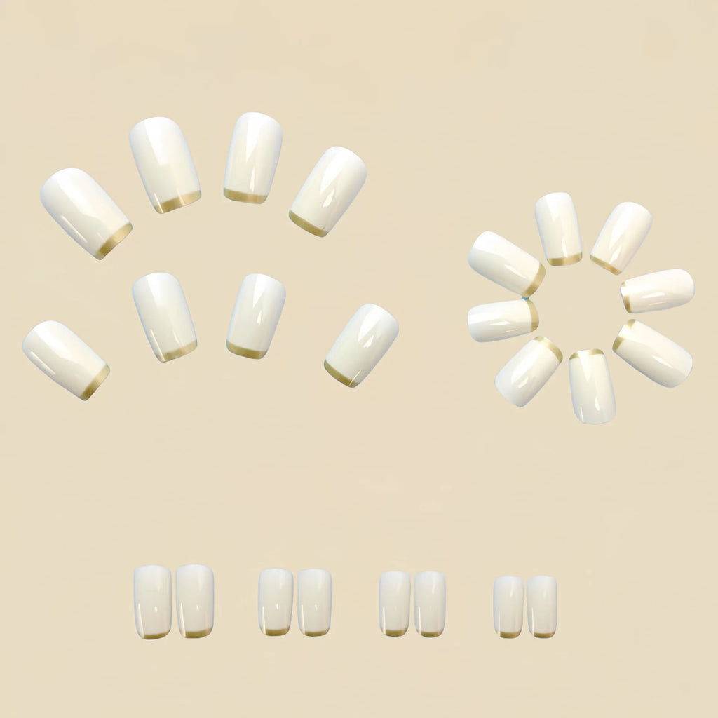 White and gold mid-length European square nail art patch set on fingers, French style manicure