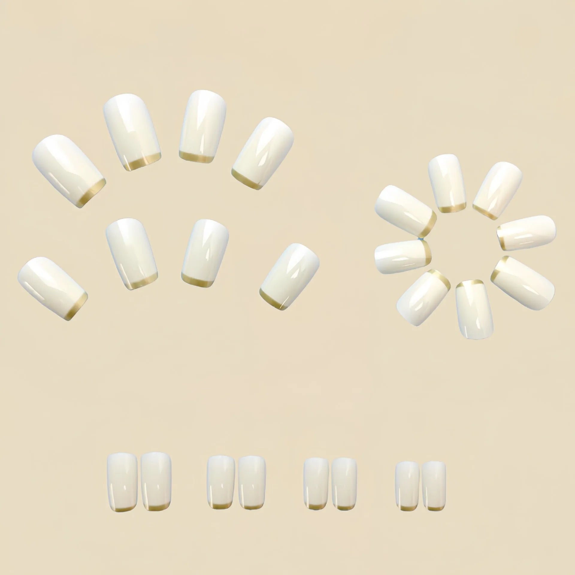 White and gold mid-length European square nail art patch set on fingers, French style manicure