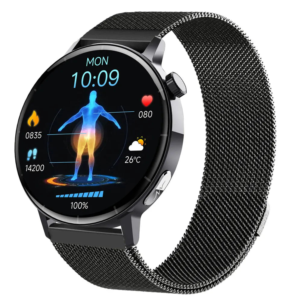Black smart watch with IPS multi-touch screen, ECG blood glucose monitoring, and Bluetooth calling