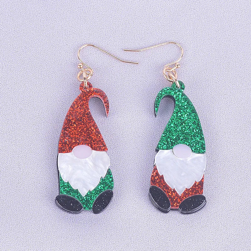 Acrylic cartoon Santa Claus earrings showing red, green, and red/green hat style options.