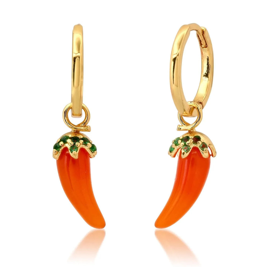 Gold plated fruit and vegetable design earrings showing seven colour variations on copper with electroplated finish