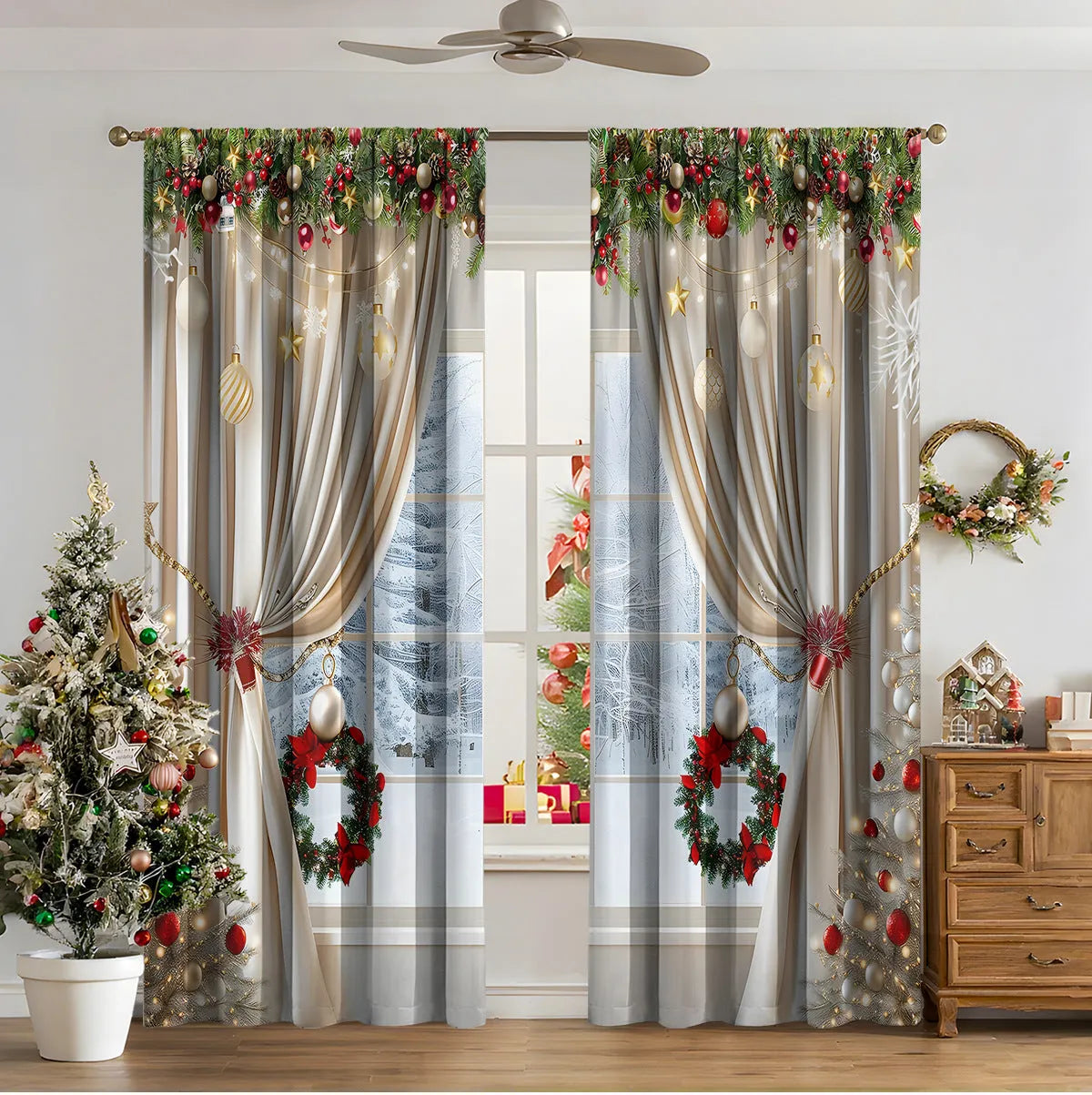 Pair of 3D digital printed Christmas curtains with a festive pattern on a window.