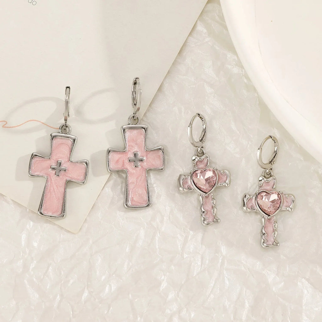 Women's alloy earrings with cross crystal design in antique silver, white, and bright black cat colour options