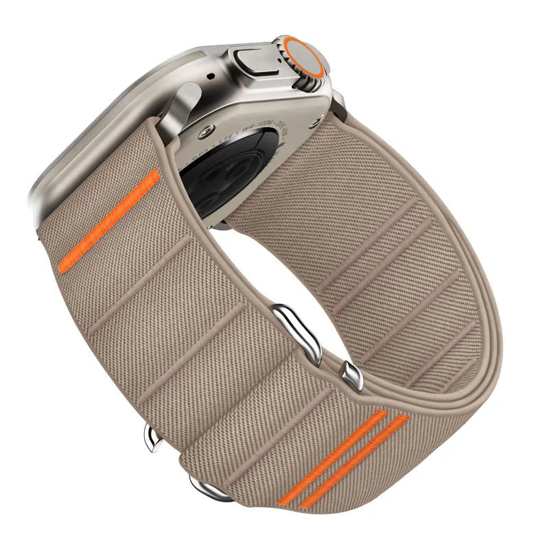 Elastic nylon Apple Watch replacement band with stainless steel buckle in various colours.