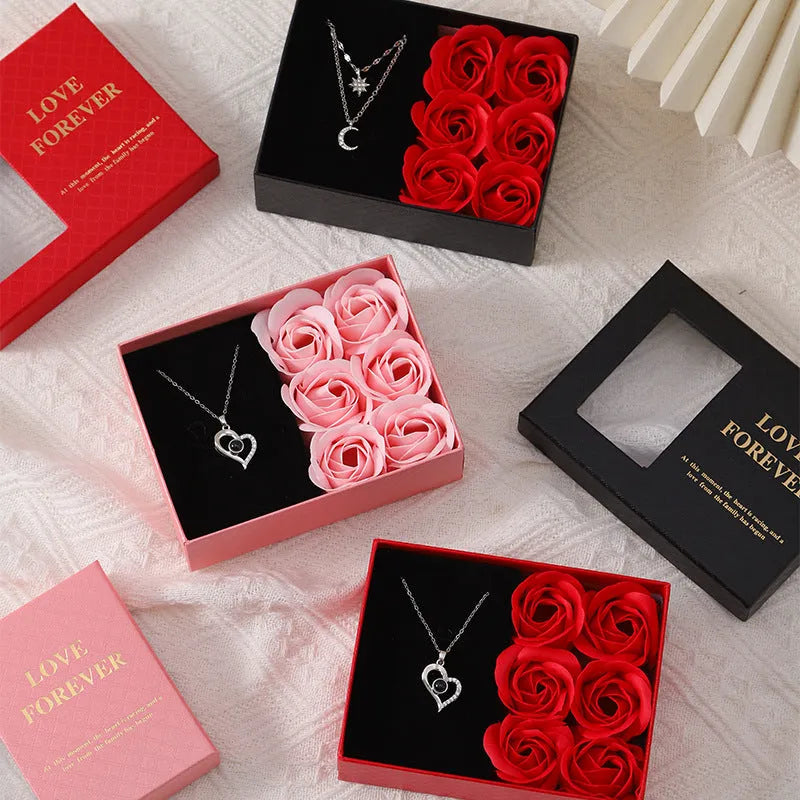 Red soap flower gift set with six roses in a box and matching handbag, Korean style decoration.