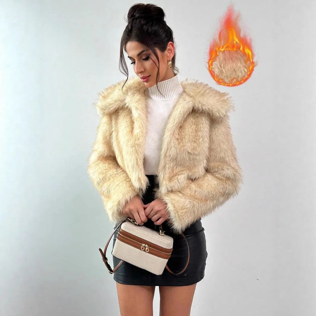 A woman's short-length artificial fur coat with a faux fur collar in a plush grey Maojian tea colour.
