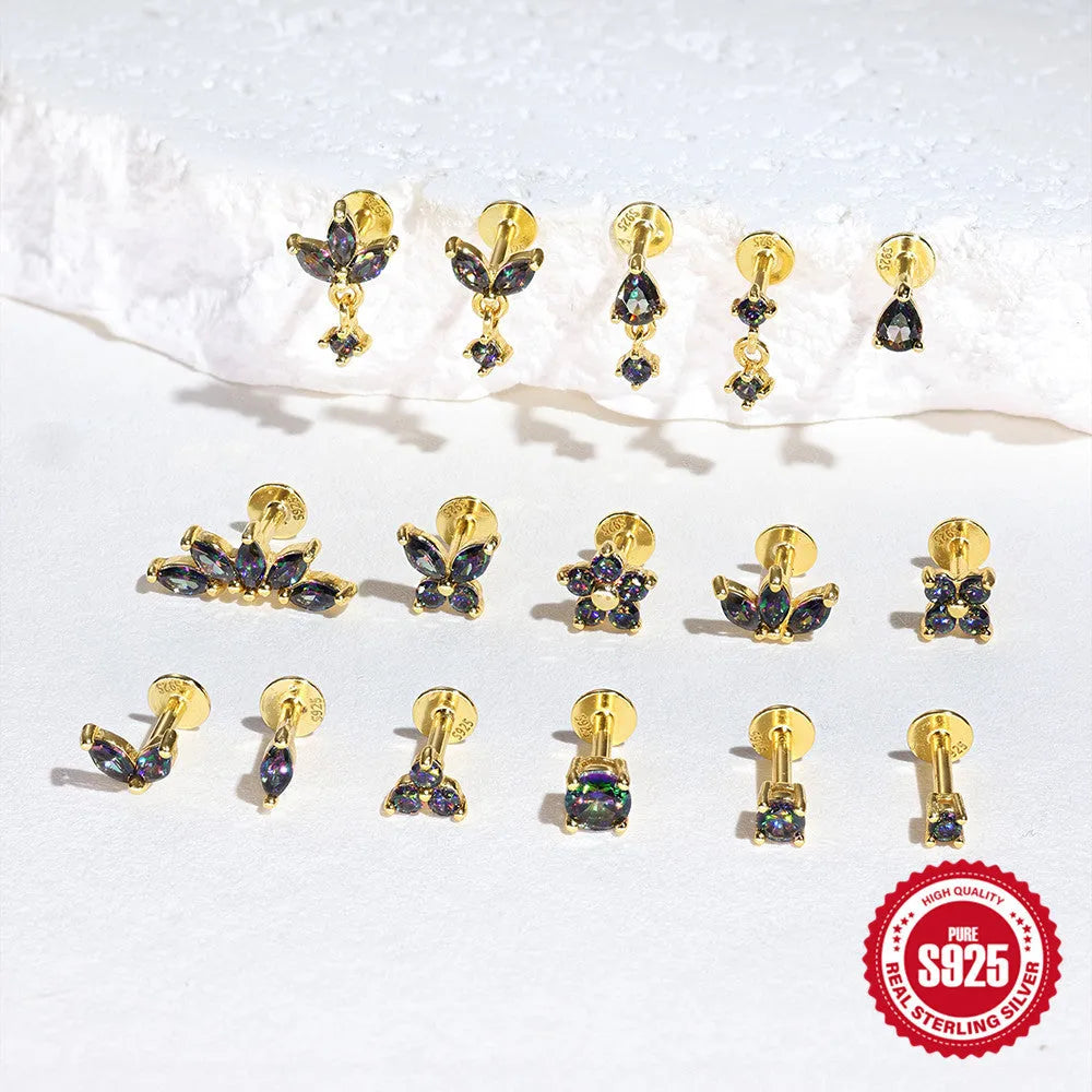 S925 sterling silver geometric flat head thread piercing earrings with rainbow stone finish in gold colour