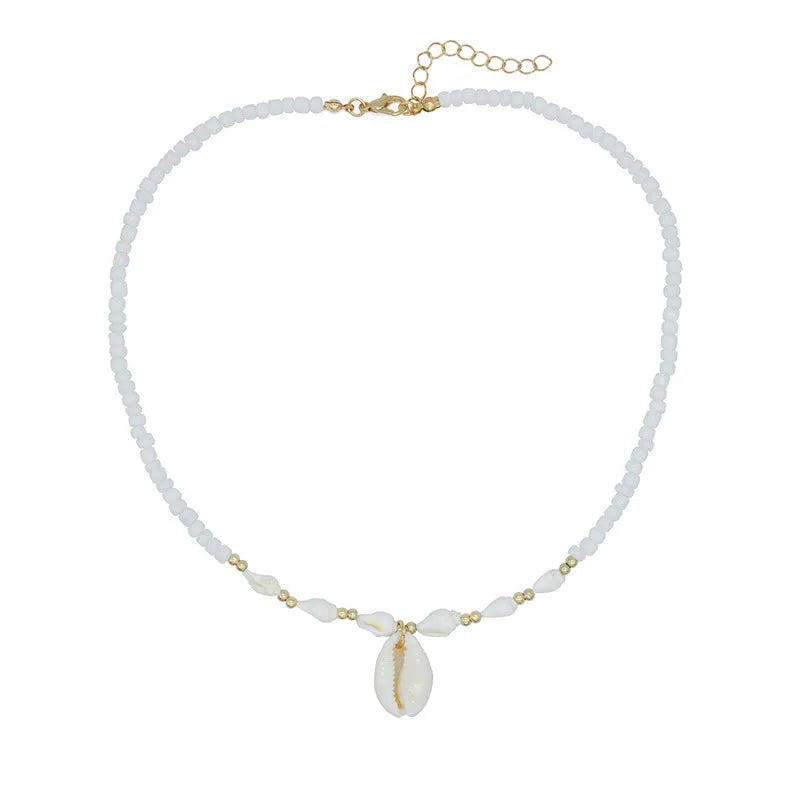 White conch shell bead necklace for women with mother of pearl pendant on a regular chain