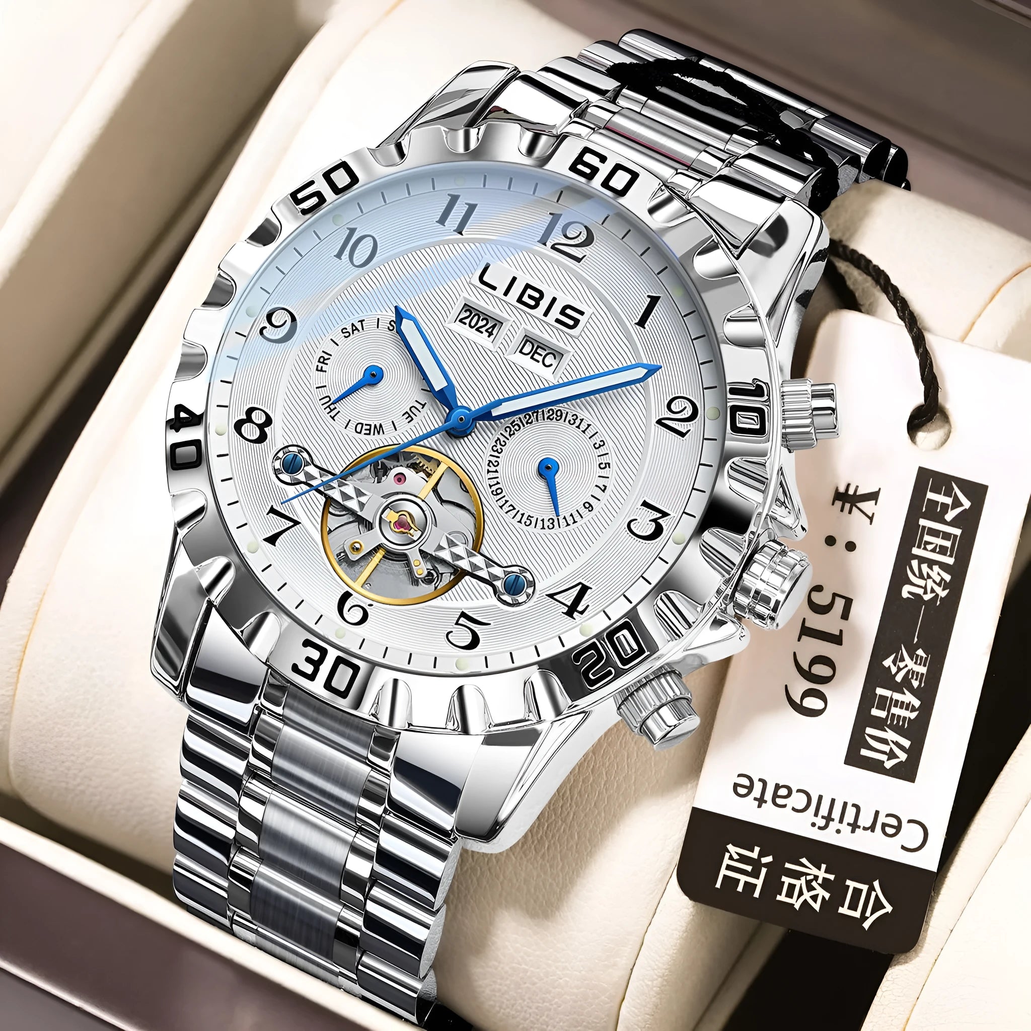 Silver men's automatic perpetual calendar mechanical watch with stainless steel strap and sapphire crystal glass.