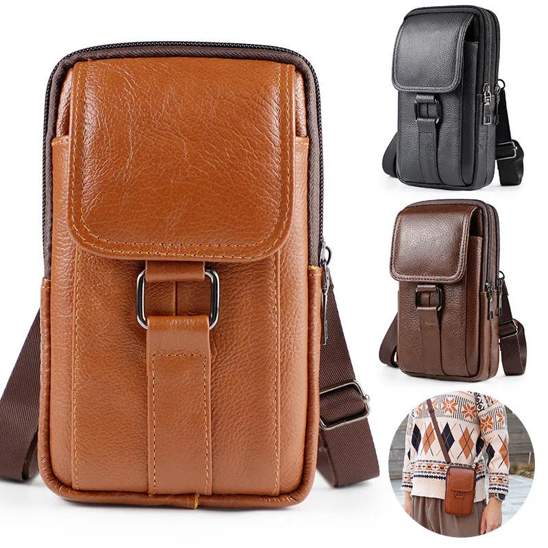 Men's black genuine leather crossbody waist bag with a lock closure, shown in a vertical square shape.