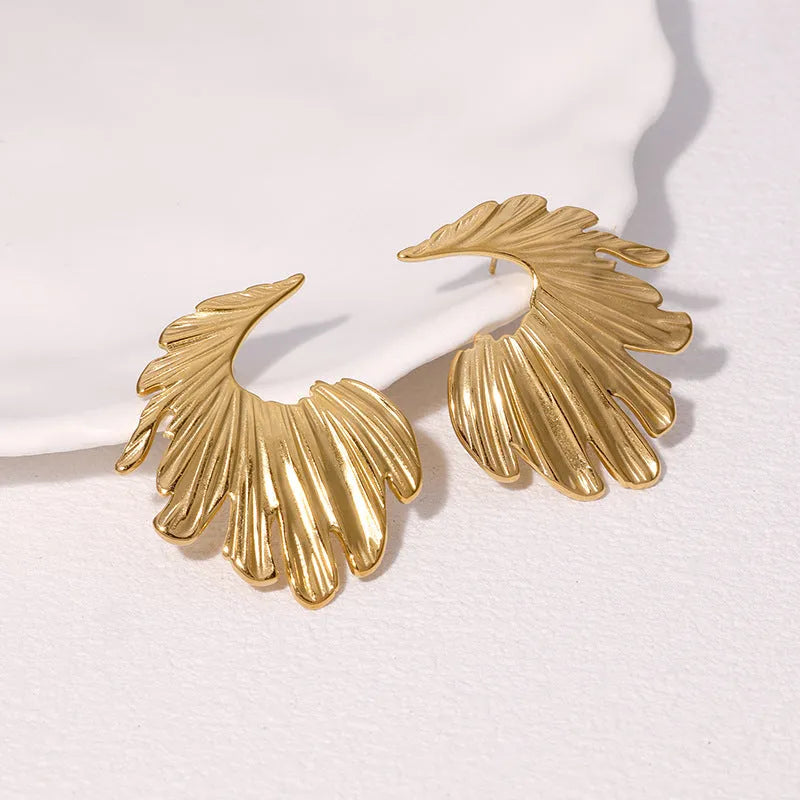 Gold and steel colour stainless steel leaf stud earrings with retro design