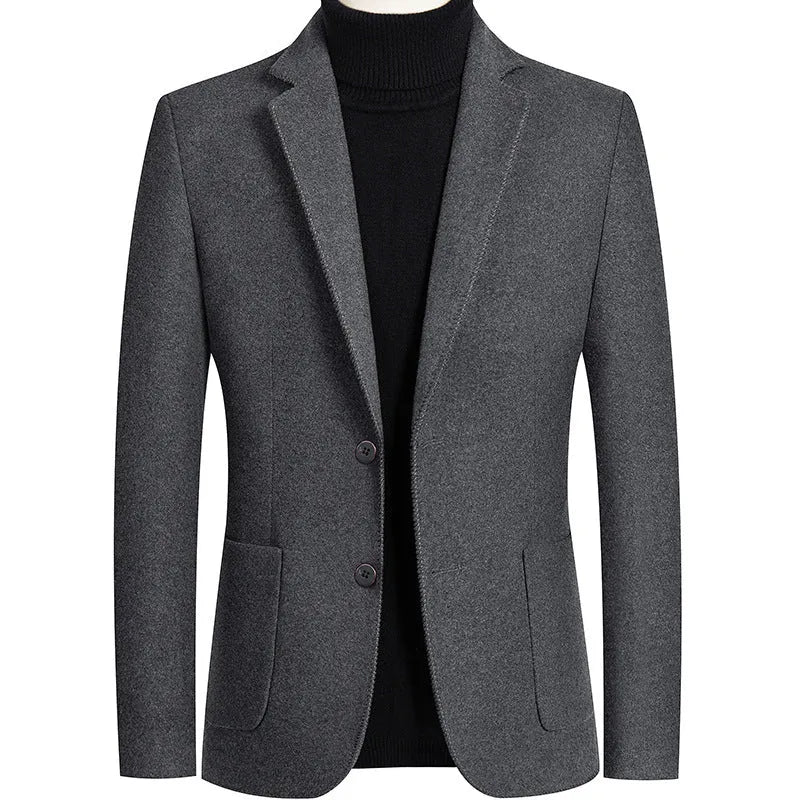Men's slim fit wool suit in a solid colour with a polyester lining, shown on a hanger.