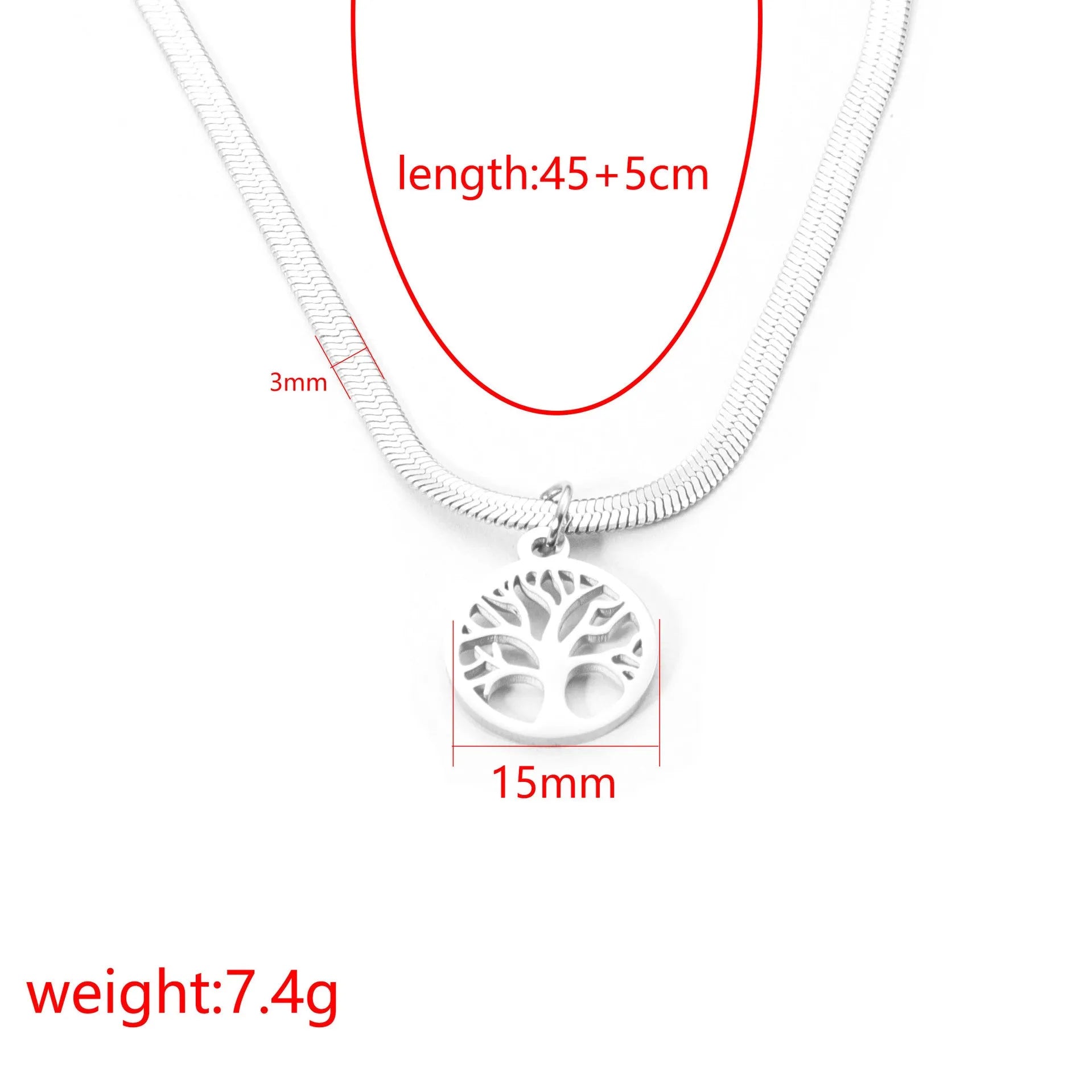 Stainless steel necklace with lucky tree pendant on a textured snake bones chain.