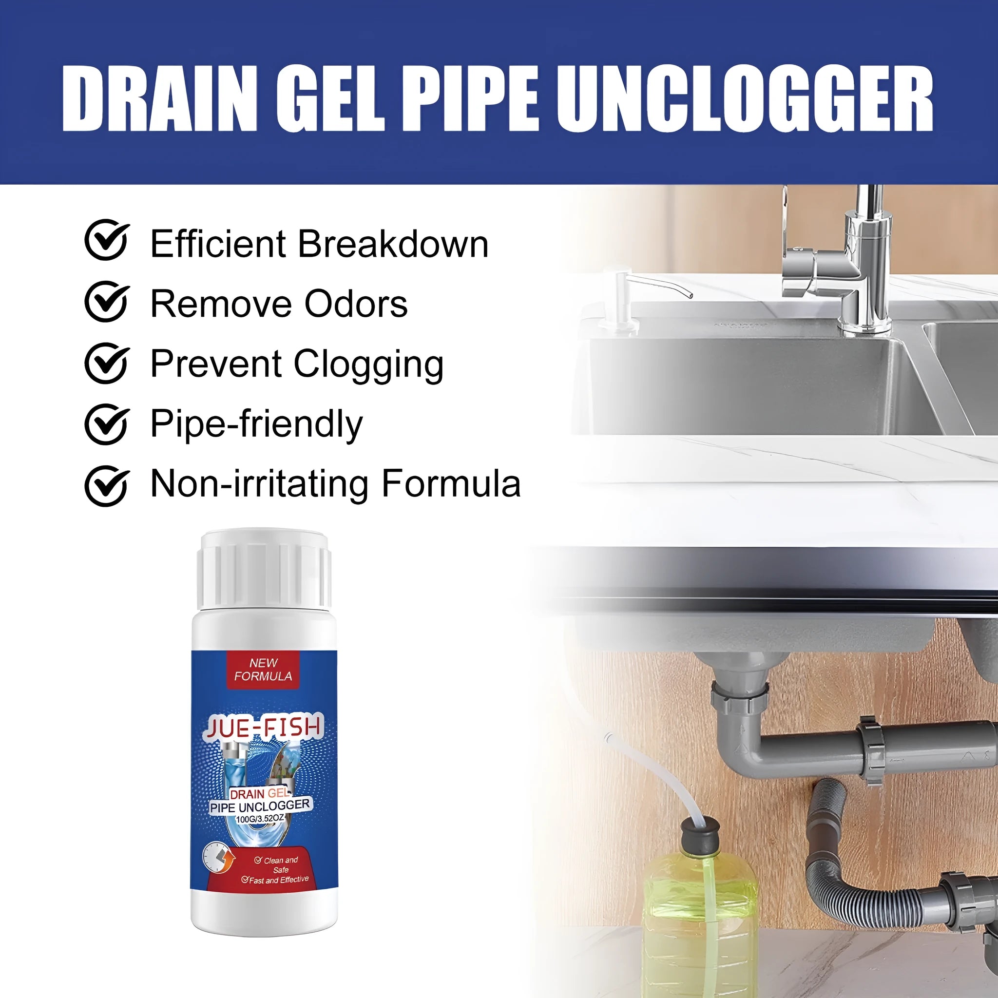 100g bottle of pipe dredge agent for sewer and toilet blockage cleaning.