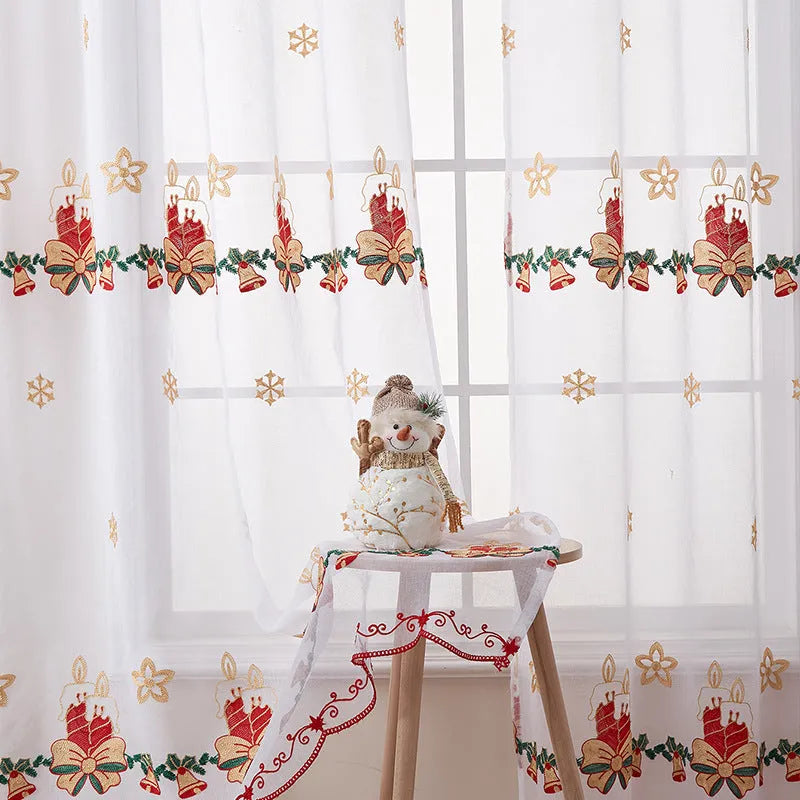 American Christmas curtain with embroidered snowflake design in semi-sunshade fabric