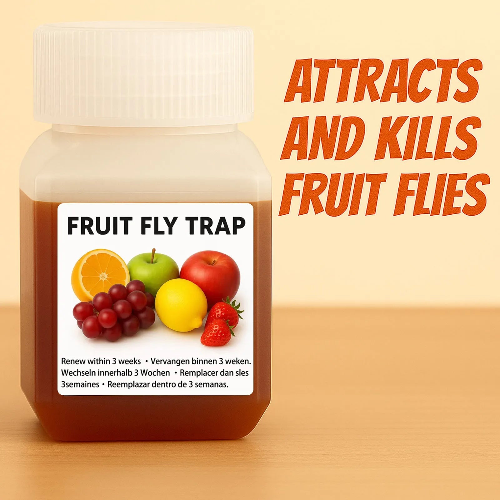 Bottle of fruit fly bait liquid with optional funnel component on a kitchen worktop.